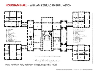 History of Architecture - II (AP-313) – Neoclassicism
HOLKHAM HALL - WILLIAM KENT, LORD BURLINGTON
ImageSourcehttp://upload.wikimedia.org/wikipedia/commons/9/90/Plan_of_Holkham_Hall.png[Online]
Plan, Holkham hall, Holkham Village, England (1730s)
 