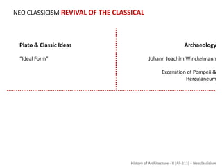 History of Architecture - II (AP-313) – Neoclassicism
NEO CLASSICISM REVIVAL OF THE CLASSICAL
Plato & Classic Ideas
“Ideal Form”
Archaeology
Johann Joachim Winckelmann
Excavation of Pompeii &
Herculaneum
 