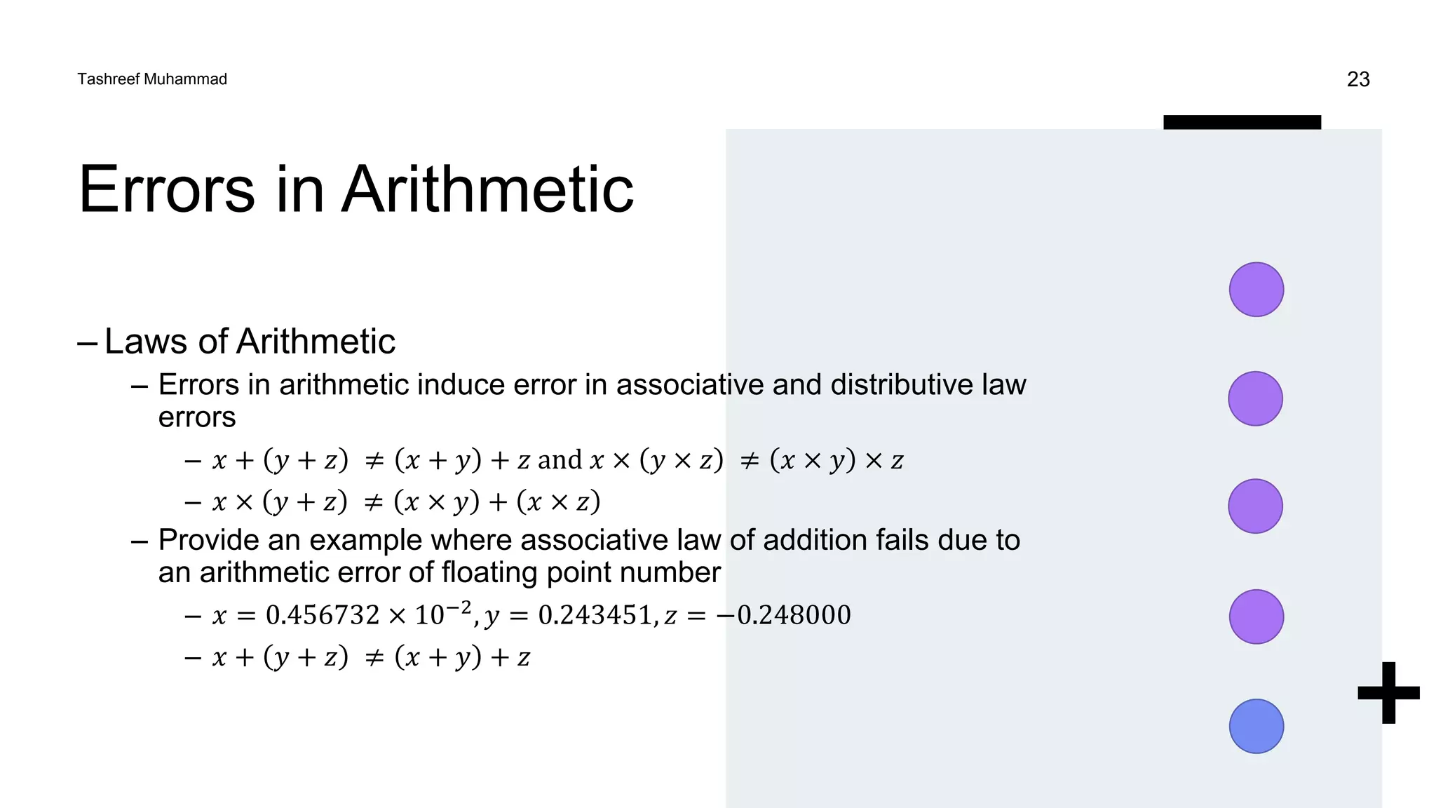 Errors in Arithmetic
– Laws of Arithmetic
– Errors in arithmetic induce error in associative and distributive law
errors
– 𝑥 + 𝑦 + 𝑧 ≠ 𝑥 + 𝑦 + 𝑧 and 𝑥 × 𝑦 × 𝑧 ≠ 𝑥 × 𝑦 × 𝑧
– 𝑥 × 𝑦 + 𝑧 ≠ 𝑥 × 𝑦 + 𝑥 × 𝑧
– Provide an example where associative law of addition fails due to
an arithmetic error of floating point number
– 𝑥 = 0.456732 × 10−2
, 𝑦 = 0.243451, 𝑧 = −0.248000
– 𝑥 + 𝑦 + 𝑧 ≠ 𝑥 + 𝑦 + 𝑧
Tashreef Muhammad 23
 
