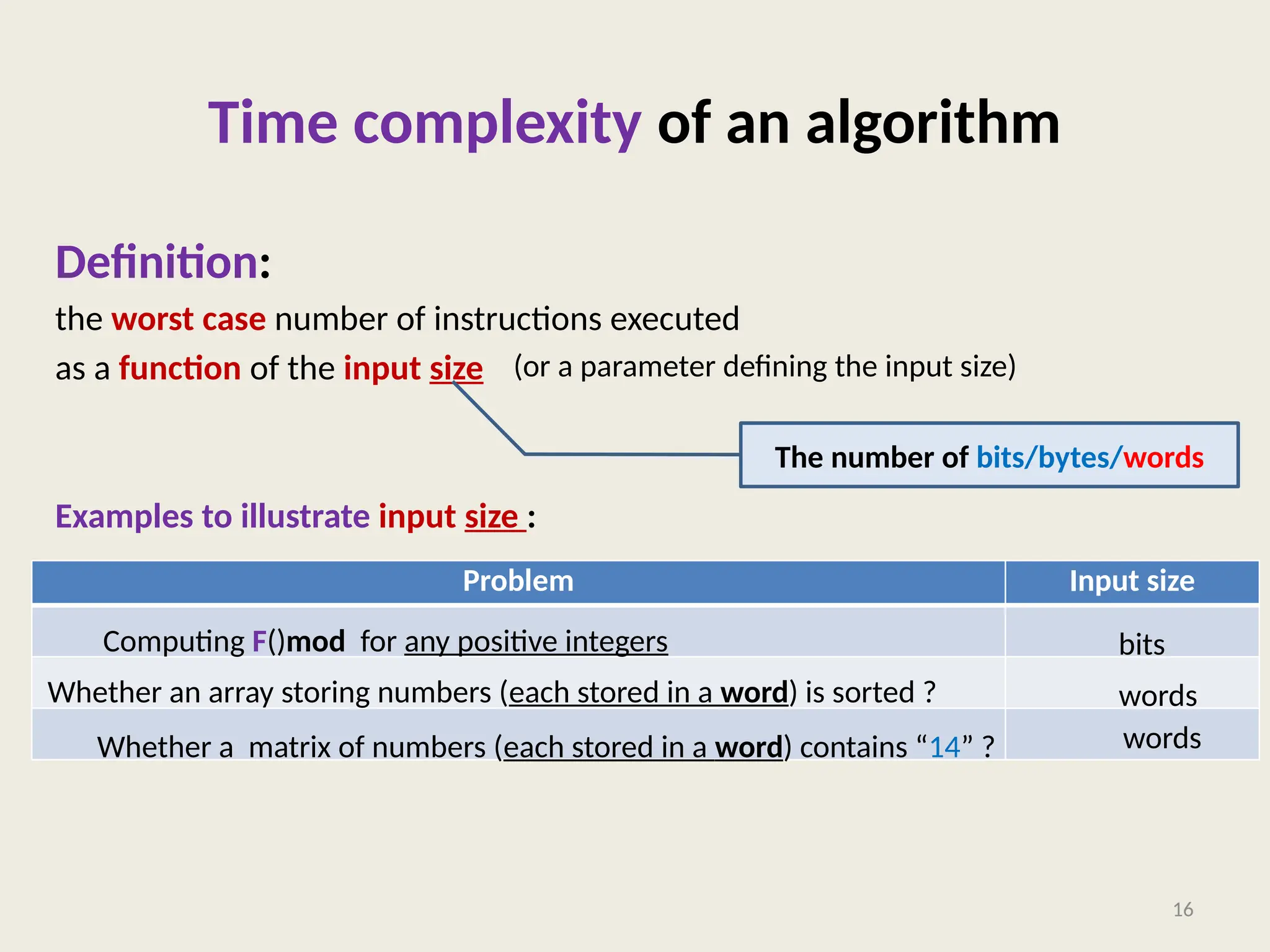 Time complexity of an algorithm
Definition:
the worst case number of instructions executed
as a function of the input size
Examples to illustrate input size :
16
The number of bits/bytes/words
Problem Input size
Computing F()mod for any positive integers
Whether an array storing numbers (each stored in a word) is sorted ?
Whether a matrix of numbers (each stored in a word) contains “14” ?
bits
words
words
(or a parameter defining the input size)
 