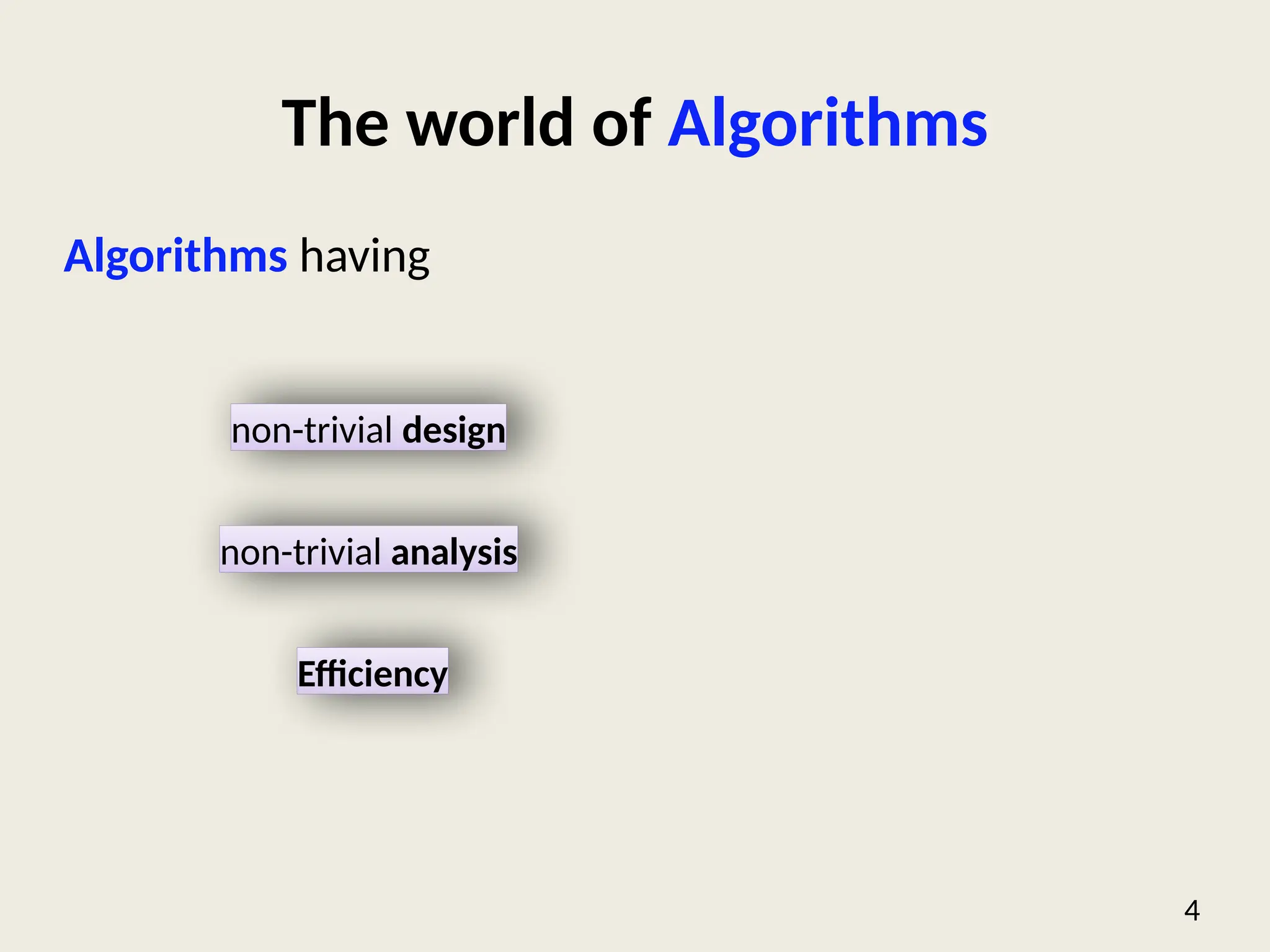 The world of Algorithms
Algorithms having
4
Efficiency
non-trivial design
non-trivial analysis
 