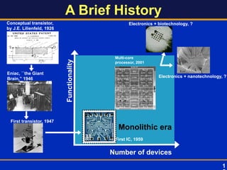 A Brief History
Electronics + biotechnology, ?
Electronics + nanotechnology, ?
Functionality
Number of devices
First transistor, 1947
First IC, 1959
Multi-core
processor, 2001
Eniac, ``the Giant
Brain,” 1946
Conceptual transistor,
by J.E. Lilienfeld, 1926
Monolithic era
1
 