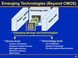 • Emerging devices and technologies
• Device level
­ Carbon nanotubes
­ Graphene based devices
­ Multi-gate devices
­ Resistive memory
­ Memristors
Emerging Technologies (Beyond CMOS)
• Technology level
­ 3-D integration
­ System-in-package
­ On-chip optical interconnects
P
o
w
e
r
-
s
p
e
e
d
w
a
l
l
Technology wall
N
o
i
s
e
w
a
l
l 47
 