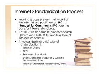 Internet Standardization Process Working groups present their work i of the Internet are published as  RFC (Request for Comments).  RFCs are the basis for Internet standards. Not all RFCs become Internet Standards ! (There are >3000 RFCs and less than 70 Internet standards) A typical (but not only) way of standardization is: Internet Drafts RFC Proposed Standard  Draft Standard  (requires 2 working implementation) Internet Standard (declared by IAB) 