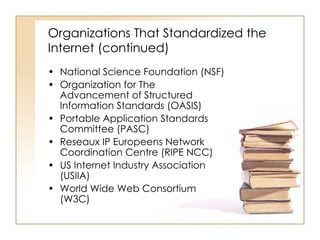 Organizations That Standardized the Internet (continued) National Science Foundation (NSF) Organization for The Advancement of Structured Information Standards (OASIS) Portable Application Standards Committee (PASC) Reseaux IP Europeens Network Coordination Centre (RIPE NCC) US Internet Industry Association (USIIA) World Wide Web Consortium (W3C) 