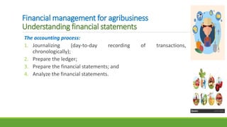 Financial management for agribusiness
Understanding financial statements
The accounting process:
1. Journalizing (day-to-day recording of transactions,
chronologically);
2. Prepare the ledger;
3. Prepare the financial statements; and
4. Analyze the financial statements.
 