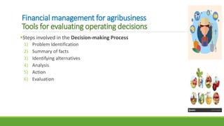 Financial management for agribusiness
Tools for evaluating operating decisions
Steps involved in the Decision-making Process
1) Problem Identification
2) Summary of facts
3) Identifying alternatives
4) Analysis
5) Action
6) Evaluation
 