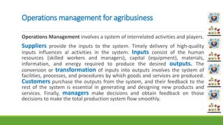 Operations management for agribusiness
Operations Management involves a system of interrelated activities and players.
Suppliers provide the inputs to the system. Timely delivery of high-quality
inputs influences al activities in the system. Inputs consist of the human
resources (skilled workers and managers), capital (equipment), materials,
information, and energy required to produce the desired outputs. The
conversion or transformation of inputs into outputs involves the system of
facilities, processes, and procedures by which goods and services are produced.
Customers purchase the outputs from the system, and their feedback to the
rest of the system is essential in generating and designing new products and
services. Finally, managers make decisions and obtain feedback on those
decisions to make the total production system flow smoothly.
 