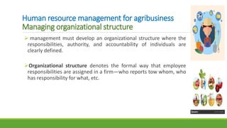 Human resource management for agribusiness
Managing organizational structure
 management must develop an organizational structure where the
responsibilities, authority, and accountability of individuals are
clearly defined.
Organizational structure denotes the formal way that employee
responsibilities are assigned in a firm—who reports tow whom, who
has responsibility for what, etc.
 