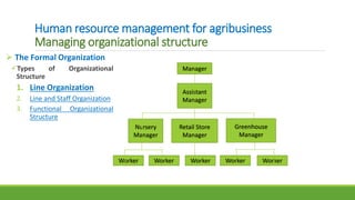 Human resource management for agribusiness
Managing organizational structure
 The Formal Organization
Types of Organizational
Structure
1. Line Organization
2. Line and Staff Organization
3. Functional Organizational
Structure
Worker
Manager
Assistant
Manager
Nursery
Manager
Retail Store
Manager
Greenhouse
Manager
Worker Worker Worker Worker
 