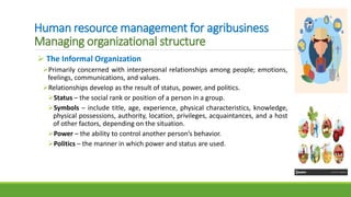Human resource management for agribusiness
Managing organizational structure
 The Informal Organization
Primarily concerned with interpersonal relationships among people; emotions,
feelings, communications, and values.
Relationships develop as the result of status, power, and politics.
Status – the social rank or position of a person in a group.
Symbols – include title, age, experience, physical characteristics, knowledge,
physical possessions, authority, location, privileges, acquaintances, and a host
of other factors, depending on the situation.
Power – the ability to control another person’s behavior.
Politics – the manner in which power and status are used.
 