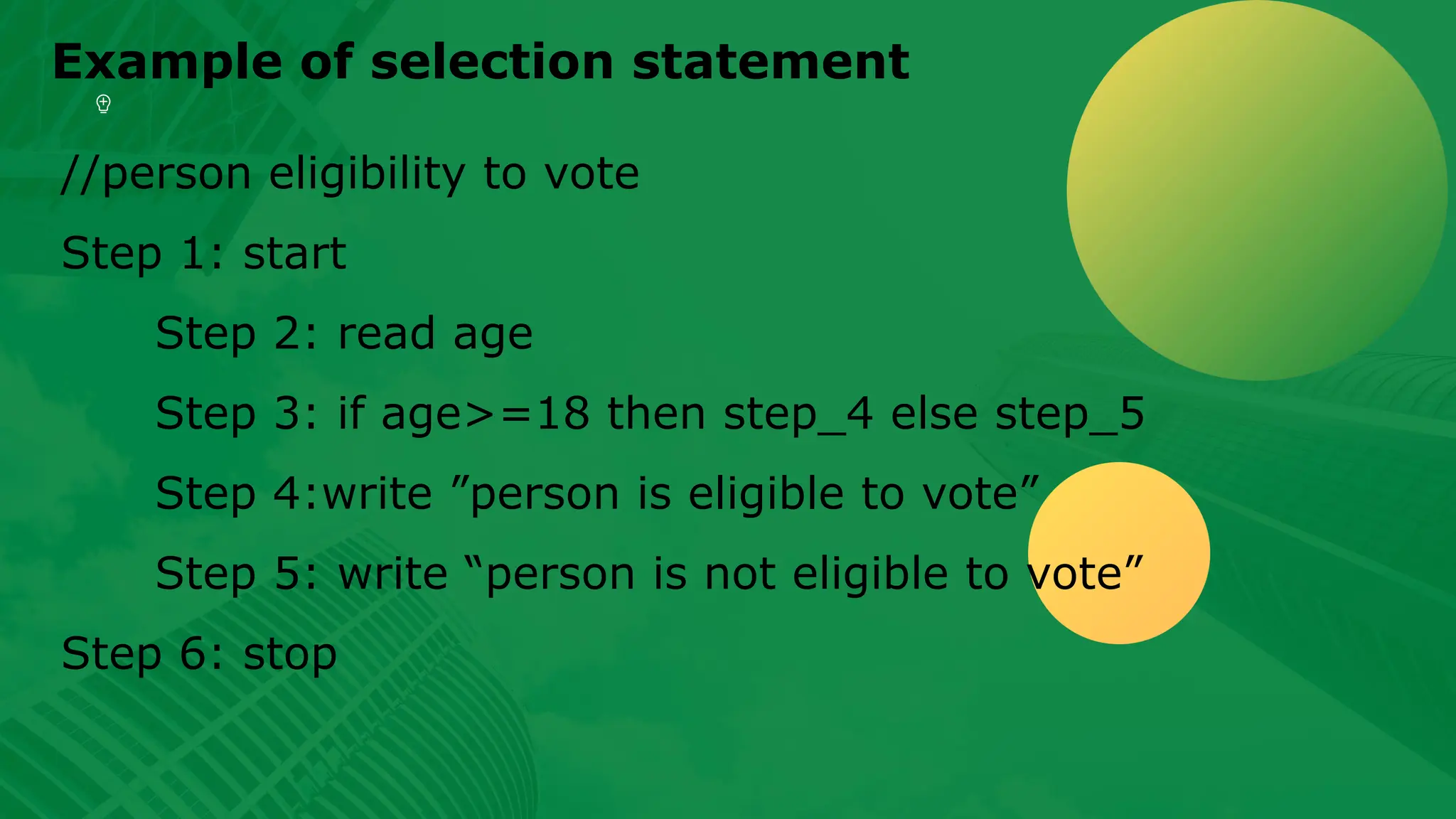 Example of selection statement //person eligibility to vote Step 1: start Step 2: read age Step 3: if age>=18 then step_4 else step_5 Step 4:write ”person is eligible to vote” Step 5: write “person is not eligible to vote” Step 6: stop 