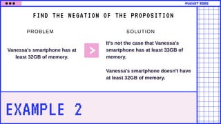 EXAMPLE 2
FIND THE NEGATION OF THE PROPOSITION
Vanessa's smartphone has at
least 32GB of memory.
SOLUTION
august 2020
It's not the case that Vanessa's
smartphone has at least 33GB of
memory.
PROBLEM
Vanessa's smartphone doesn't have
at least 32GB of memory.
 