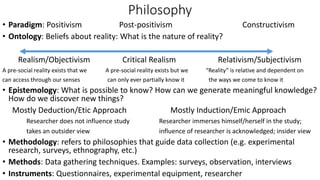 Philosophy
• Paradigm: Positivism Post-positivism Constructivism
• Ontology: Beliefs about reality: What is the nature of reality?
Realism/Objectivism Critical Realism Relativism/Subjectivism
A pre-social reality exists that we A pre-social reality exists but we “Reality” is relative and dependent on
can access through our senses can only ever partially know it the ways we come to know it
• Epistemology: What is possible to know? How can we generate meaningful knowledge?
How do we discover new things?
Mostly Deduction/Etic Approach Mostly Induction/Emic Approach
Researcher does not influence study Researcher immerses himself/herself in the study;
takes an outsider view influence of researcher is acknowledged; insider view
• Methodology: refers to philosophies that guide data collection (e.g. experimental
research, surveys, ethnography, etc.)
• Methods: Data gathering techniques. Examples: surveys, observation, interviews
• Instruments: Questionnaires, experimental equipment, researcher
 