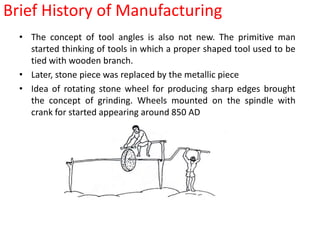 Brief History of ManufacturingThe concept of tool angles is also not new. The primitive man started thinking of tools in which a proper shaped tool used to be tied with wooden branch.Later, stone piece was replaced by the metallic pieceIdea of rotating stone wheel for producing sharp edges brought the concept of grinding. Wheels mounted on the spindle with crank for started appearing around 850 AD