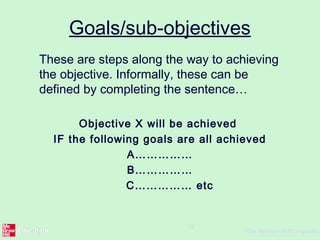 ©The McGraw-Hill Companies,
18
Goals/sub-objectives
These are steps along the way to achieving
the objective. Informally, these can be
defined by completing the sentence…
Objective X will be achieved
IF the following goals are all achieved
A……………
B……………
C…………… etc
 