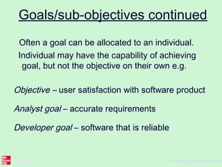 ©The McGraw-Hill Companies,
19
Goals/sub-objectives continued
Often a goal can be allocated to an individual.
Individual may have the capability of achieving
goal, but not the objective on their own e.g.
Objective – user satisfaction with software product
Analyst goal – accurate requirements
Developer goal – software that is reliable
 