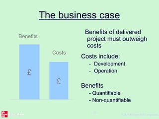 ©The McGraw-Hill Companies,
22
The business case
Benefits of delivered
project must outweigh
costs
Costs include:
- Development
- Operation
Benefits
- Quantifiable
- Non-quantifiable
£
£
Benefits
Costs
 