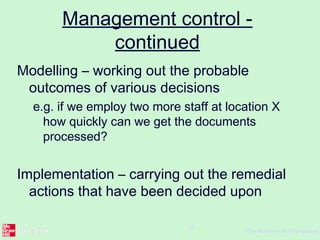 ©The McGraw-Hill Companies,
25
Management control -
continued
Modelling – working out the probable
outcomes of various decisions
e.g. if we employ two more staff at location X
how quickly can we get the documents
processed?
Implementation – carrying out the remedial
actions that have been decided upon
 