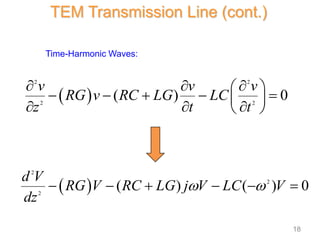  
2
2
2
( ) ( ) 0
d V
RG V RC LG j V LC V
dz
 
     
 
2 2
2 2
( ) 0
v v v
RG v RC LG LC
z t t
  
 
    
 
  
 
TEM Transmission Line (cont.)
Time-Harmonic Waves:
18
 