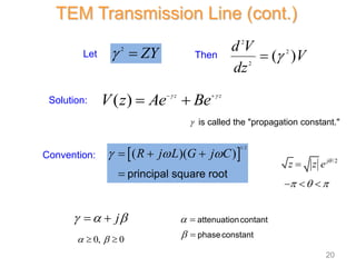 Let
Convention:
Solution:
2
  ZY
( ) z z
V z Ae Be
 
 
 
 
1/2
( )( )
R j L G j C
  
  
 principal square root
2
2
2
( )
d V
V
dz


Then
TEM Transmission Line (cont.)
 is called the "propagation constant."
/2
j
z z e 

  
  
j
  
 
0, 0
 
 




attenuationcontant
phaseconstant
20
 