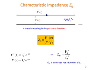 Characteristic Impedance Z0
0
( )
( )
V z
Z
I z



0
0
( )
( )
z
z
V z V e
I z I e


  
  


so 0
0
0
V
Z
I



+
V+(z)
-
I+ (z)
z
A wave is traveling in the positive z direction.
(Z0 is a number, not a function of z.)
24
 