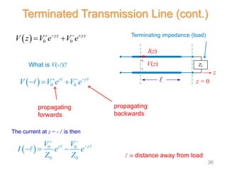   0 0
z z
V z V e V e
 
   
 
What is V(-l )?
  0 0
V V e V e
 
  
  
  0 0
0 0
V V
I e e
Z Z
 
 

  
propagating
forwards
propagating
backwards
Terminated Transmission Line (cont.)
l  distance away from load
The current at z = - l is then
I(z)
V(z)
+
-
z
ZL
z = 0
Terminating impedance (load)
36
 