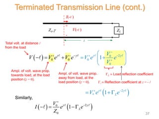    
2
0
0
1 L
V
I e e
Z
 


  
  2
0
0
0
0 0 1
V
V e
V V e e
e
V
V  
 


 
 

 
 
 

 
 
Total volt. at distance l
from the load
Ampl. of volt. wave prop.
towards load, at the load
position (z = 0).
Similarly,
Ampl. of volt. wave prop.
away from load, at the
load position (z = 0).
 
0
2
1 L
V e e
 
 
 
L  Load reflection coefficient
Terminated Transmission Line (cont.)
I(-l )
V(-l )
+
l
ZL
-
0,
Z 
l  Reflection coefficient at z = - l
37
 