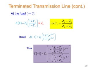 At the load (l = 0):
  0
1
0
1
L
L
L
Z Z Z
 

  


 
Thus,
 
2
0
0
0
2
0
0
1
1
L
L
L
L
Z Z
e
Z Z
Z Z
Z Z
e
Z Z




 
 


 
 

 
 
 
 
 


 
 
 

 
 
Terminated Transmission Line (cont.)
0
0
L
L
L
Z Z
Z Z

  

 
2
0 2
1
1
L
L
e
Z Z
e




 
 
   

 
Recall
39
 