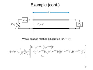  
 
       
2 2
2 2 2 2
0
0
1 j d j d
L L S
j d j d j d j d
TH L S L L S L S
TH
e e
Z
V d V e e e e
Z Z
 
   
 
   
 
    
 
  
   
          
     
 

 
 

 
Example (cont.)
ZL
0
Z 

ZTH
VTH
d
+
-
Wave-bounce method (illustrated for l = d):
51
 
