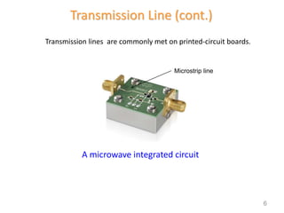 Transmission Line (cont.)
Transmission lines are commonly met on printed-circuit boards.
A microwave integrated circuit
Microstrip line
6
 