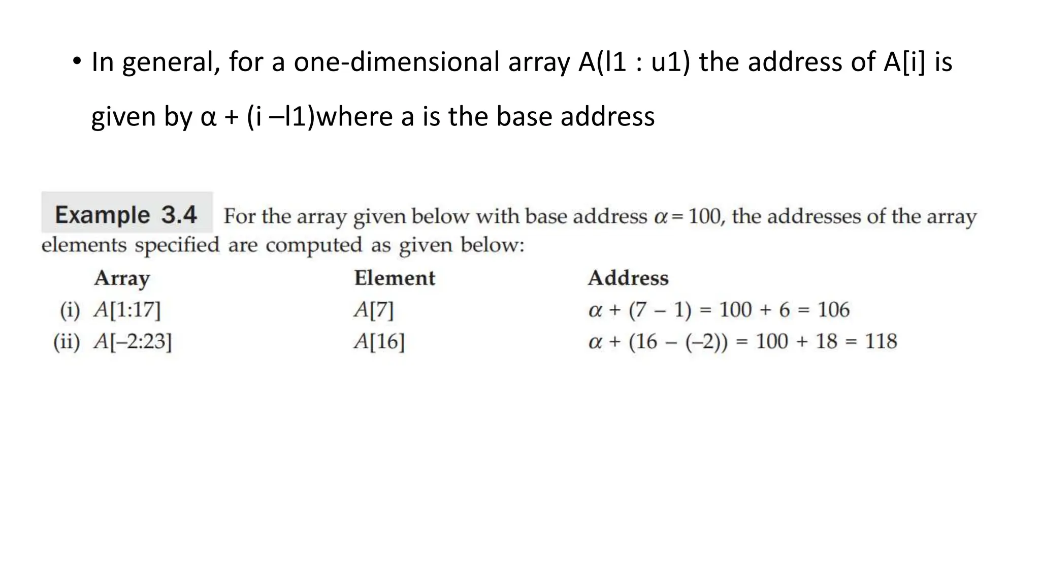 • In general, for a one-dimensional array A(l1 : u1) the address of A[i] is
given by α + (i –l1)where a is the base address
 