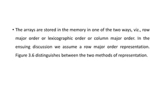 • The arrays are stored in the memory in one of the two ways, viz., row
major order or lexicographic order or column major order. In the
ensuing discussion we assume a row major order representation.
Figure 3.6 distinguishes between the two methods of representation.
 