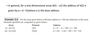 • In general, for a one-dimensional array A(l1 : u1) the address of A[i] is
given by α + (i –l1)where a is the base address
 