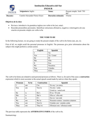 Institución Educativa del Sur
INESUR
Asignatura: Inglés Tema: Present simple. Verb “TO
BE”
Docente: Camilo Alexander Florez Erazo Duración estimada: 4 horas
Objetivos de la clase
 Revisar e introducir a la gramática inglesa con verbo to be (ser, estar).
 Recordar pronombres personales. Identificar estructuras afirmativa, negativa e interrogativa de una
oración en presente simple con verbo to be
THE VERB TO BE
In the following lecture, we are going to study the present simple of the verb to be forms (am, are, is).
First of all, we might recall the personal pronouns in English. The pronouns give prior information about the
subject who might perform a certain action.
English Spanish
I Yo
You Tú / Usted
He Él
She Ella
It Eso
We Nosotros
You Ustedes
They Ellos
The verb to be forms are related to each personal pronoun as follows. There is, for each of the cases a contraction
expression which is more accurate to the actual speech sound made by natives when they speak:
Pronoun To be Contraction Spanish
I am I’m Yo soy / yo estoy
You are You’re Tú eres / estás
Usted es / usted está
He is He’s Él es / Él está
She is She’s Ella es / ella está
It is It’s Eso es / eso está
We are We’re Nosotros somos / nosotros estamos
You are You’re Ustedes son / ustedes están
They are They’re Ellos(as) son / ellos(as) están
The previous table represents the AFFIRMATIVE FORM of the verb to be.
Summarizing:
 
