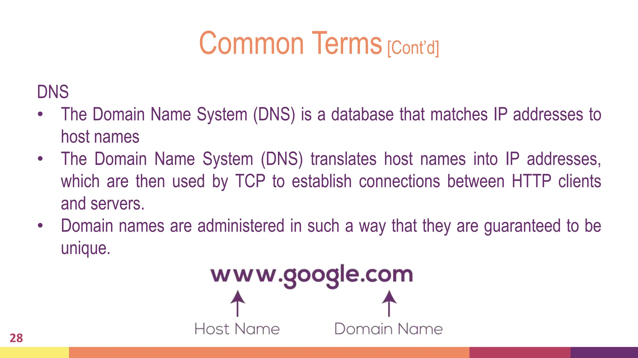 Common Terms[Cont’d]
28
DNS
• The Domain Name System (DNS) is a database that matches IP addresses to
host names
• The Domain Name System (DNS) translates host names into IP addresses,
which are then used by TCP to establish connections between HTTP clients
and servers.
• Domain names are administered in such a way that they are guaranteed to be
unique.
 