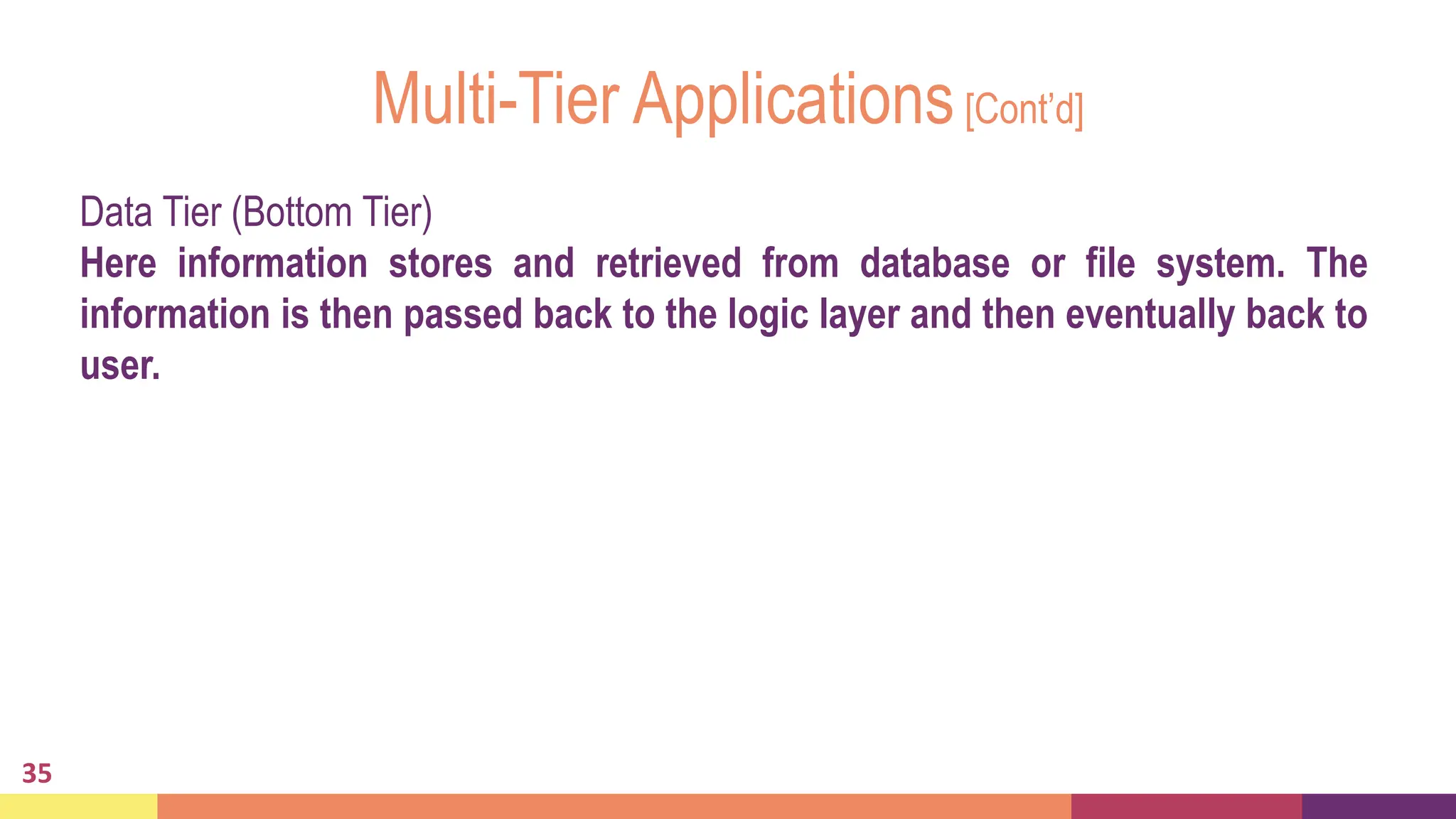 Multi-Tier Applications[Cont’d]
35
Data Tier (Bottom Tier)
Here information stores and retrieved from database or file system. The
information is then passed back to the logic layer and then eventually back to
user.
 