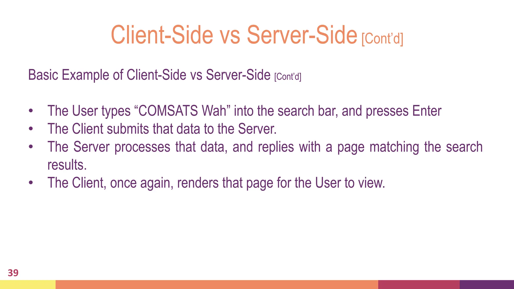 Client-Side vs Server-Side[Cont’d]
39
Basic Example of Client-Side vs Server-Side [Cont’d]
• The User types “COMSATS Wah” into the search bar, and presses Enter
• The Client submits that data to the Server.
• The Server processes that data, and replies with a page matching the search
results.
• The Client, once again, renders that page for the User to view.
 