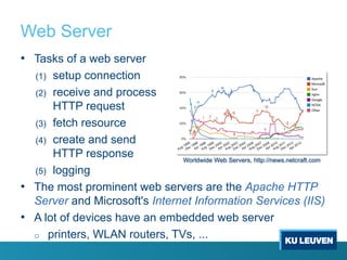 Web Server
• Tasks of a web server
(1) setup connection
(2) receive and process
HTTP request
(3) fetch resource
(4) create and send
HTTP response
(5) logging
• The most prominent web servers are the Apache HTTP
Server and Microsoft's Internet Information Services (IIS)
• A lot of devices have an embedded web server
o printers, WLAN routers, TVs, ...
Worldwide Web Servers, http://news.netcraft.com
 