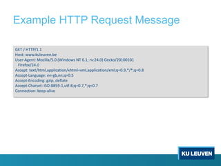 Example HTTP Request Message
GET / HTTP/1.1
Host: www.kuleuven.be
User-Agent: Mozilla/5.0 (Windows NT 6.1; rv:24.0) Gecko/20100101
Firefox/24.0
Accept: text/html,application/xhtml+xml,application/xml;q=0.9,*/*;q=0.8
Accept-Language: en-gb,en;q=0.5
Accept-Encoding: gzip, deflate
Accept-Charset: ISO-8859-1,utf-8;q=0.7,*;q=0.7
Connection: keep-alive
 
