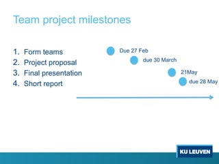 Team project milestones
1. Form teams
2. Project proposal
3. Final presentation
4. Short report
Due 27 Feb
due 30 March
21May
due 28 May
 