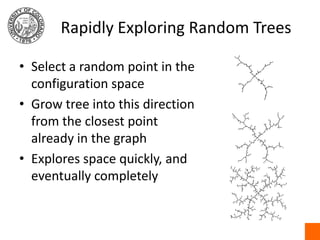 Rapidly Exploring Random TreesSelect a random point in the configuration spaceGrow tree into this direction from the closest point already in the graphExplores space quickly, and eventually completely