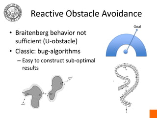 Reactive Obstacle AvoidanceGoalBraitenberg behavior not sufficient (U-obstacle)Classic: bug-algorithmsEasy to construct sub-optimal results