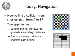 Today: NavigationHow to find a collision-free, shortest path from A to B?Two approaches:Local planning: go towards goal while avoiding obstaclesGlobal planning: calculate shortest path offline