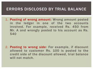 1. Posting of wrong amount: Wrong amount posted
in the ledger in one of the two accounts
involved. For example, received Rs. 450 from
Mr. A and wrongly posted to his account as Rs.
540
2. Posting to wrong side: For example, if discount
allowed to customer Rs. 100 is posted to the
credit side of the discount allowed, trial balance
will not match.
ERRORS DISCLOSED BY TRIAL BALANCE
 
