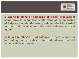 5. Wrong totalling or balancing of ledger accounts: If
some error is committed while totalling or balancing
of ledger accounts, the wrong balance shall be carried
to the trial balance and the trial balance will not
agree.
6. Wrong totalling of trial balance: If there is an error
in totalling the two sides of the trial balance, the trial
balance does not agree.
 