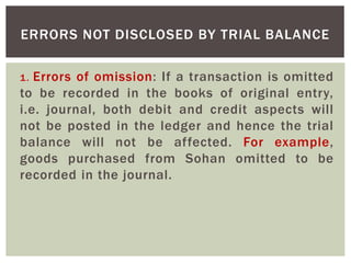 1. Errors of omission: If a transaction is omitted
to be recorded in the books of original entry,
i.e. journal, both debit and credit aspects will
not be posted in the ledger and hence the trial
balance will not be affected. For example,
goods purchased from Sohan omitted to be
recorded in the journal.
ERRORS NOT DISCLOSED BY TRIAL BALANCE
 