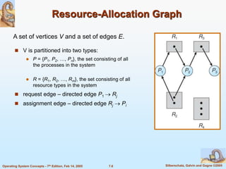 7.6 Silberschatz, Galvin and Gagne ©2005
Operating System Concepts - 7th Edition, Feb 14, 2005
Resource-Allocation Graph
 V is partitioned into two types:
 P = {P1, P2, …, Pn}, the set consisting of all
the processes in the system
 R = {R1, R2, …, Rm}, the set consisting of all
resource types in the system
 request edge – directed edge P1  Rj
 assignment edge – directed edge Rj  Pi
A set of vertices V and a set of edges E.
 