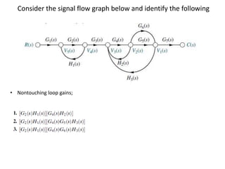 Consider the signal flow graph below and identify the following

• Nontouching loop gains;

 