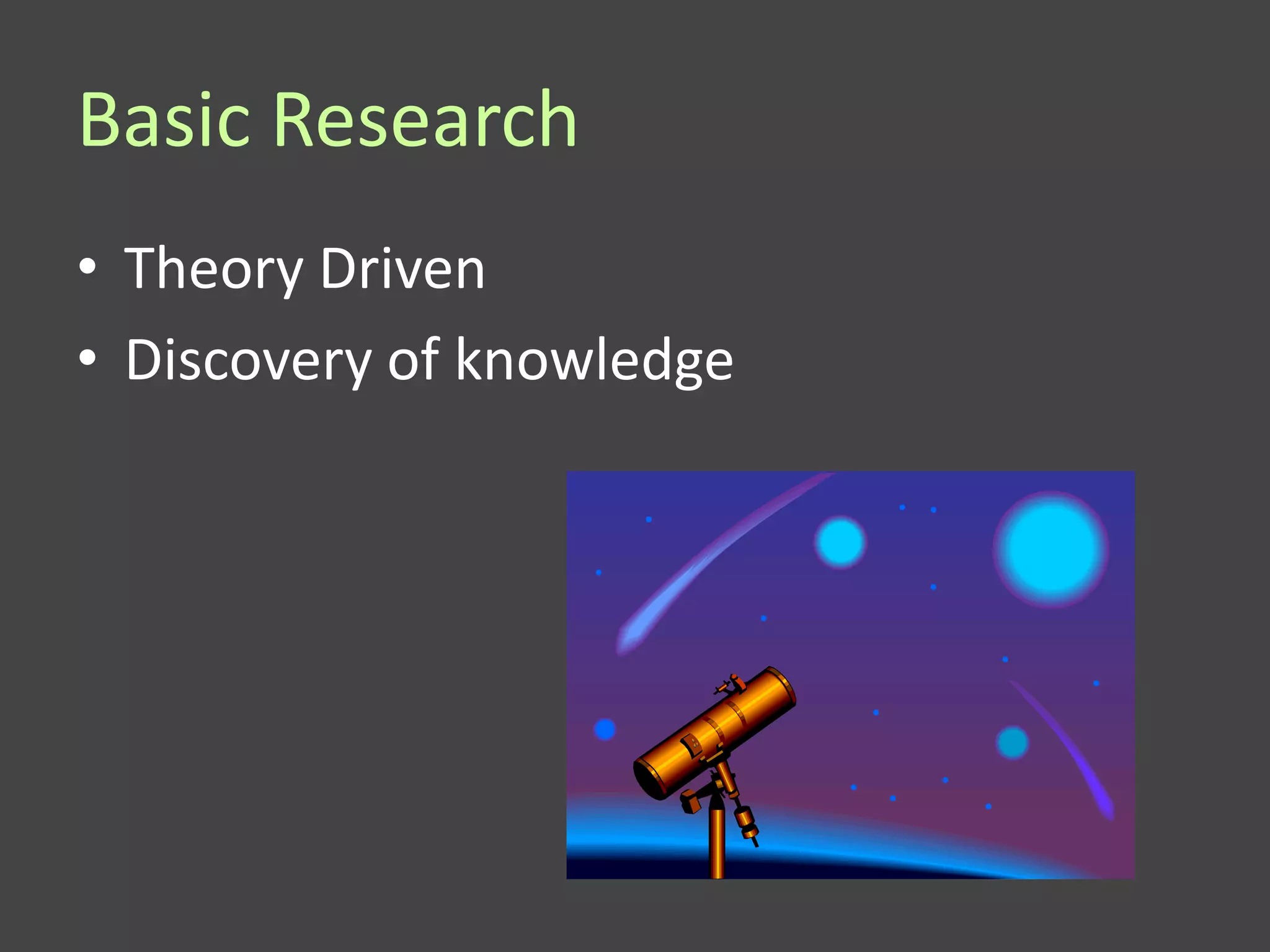 Basic Research
• Theory Driven
• Discovery of knowledge
 